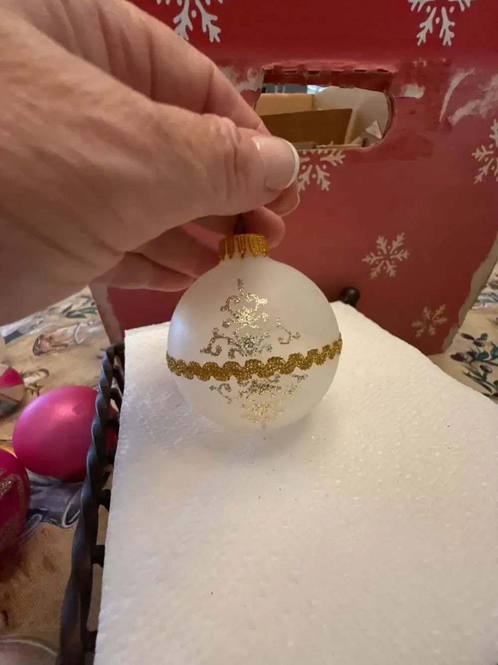 Vtg Xmas by Krebs Frosted Glass Ball Ornament with Gold Glitter Ribbon and Roses